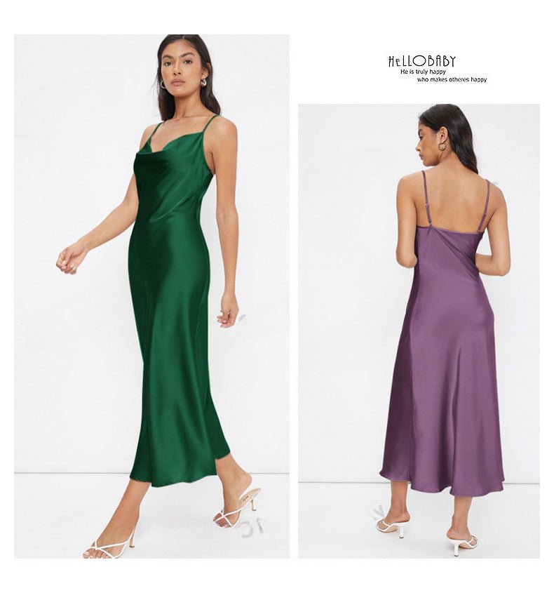 The Satin Allure | Women's Deep V-Neck Backless Satin Suspender Maxi Dress