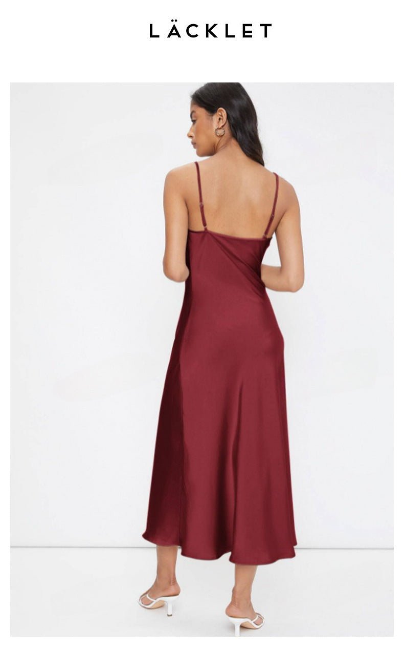The Satin Allure | Women's Deep V-Neck Backless Satin Suspender Maxi Dress