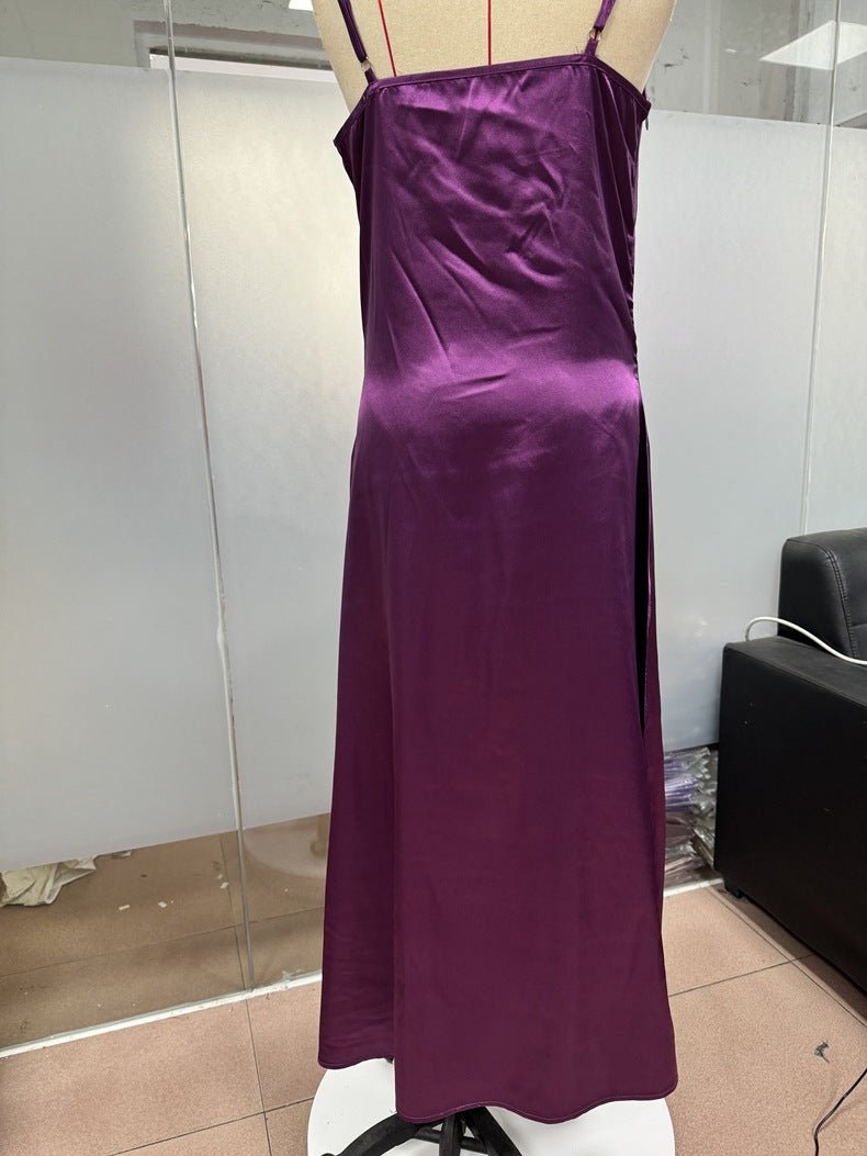 The Satin Allure | Women's Deep V-Neck Backless Satin Suspender Maxi Dress