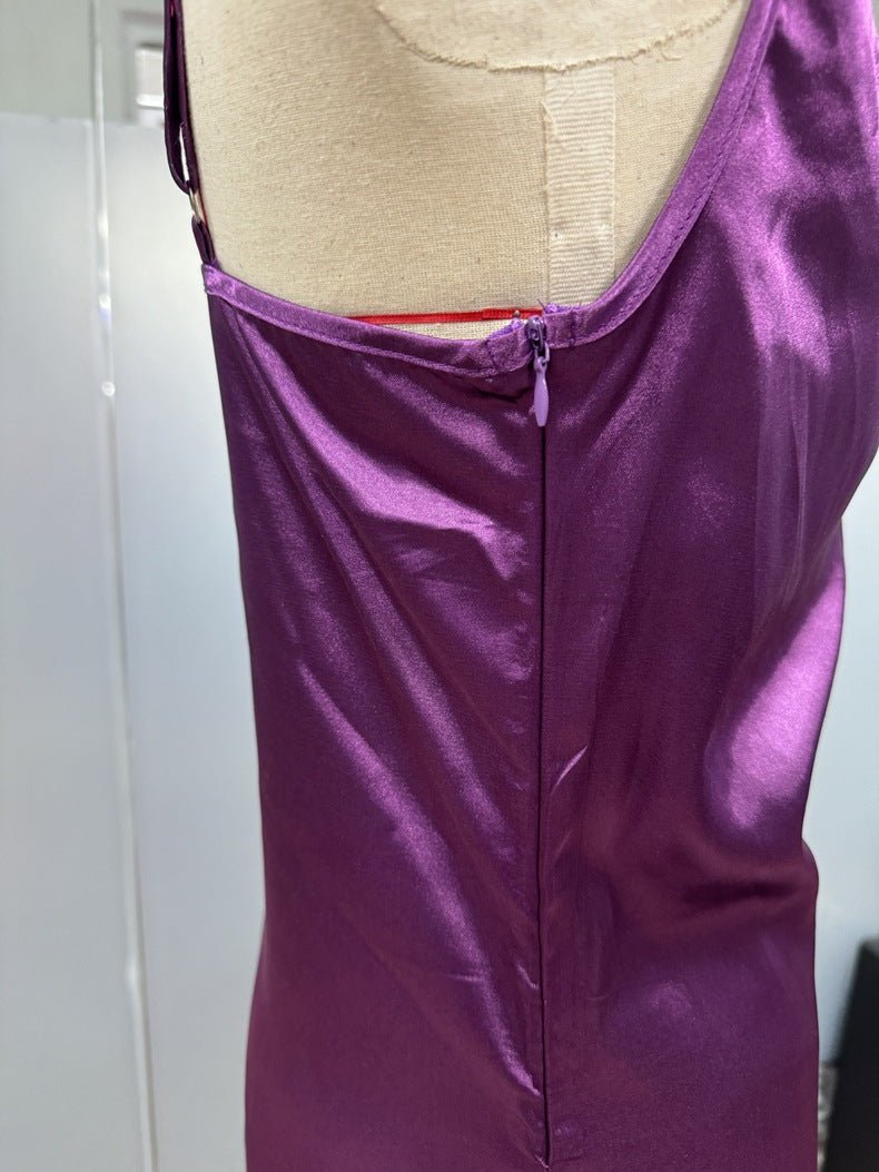 The Satin Allure | Women's Deep V-Neck Backless Satin Suspender Maxi Dress