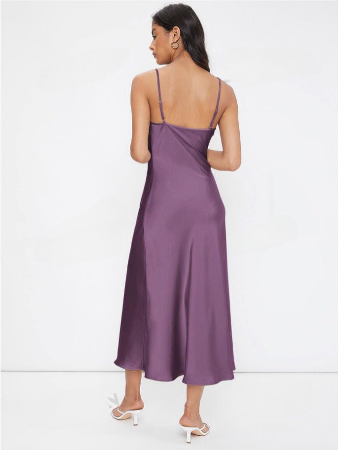 The Satin Allure | Women's Deep V-Neck Backless Satin Suspender Maxi Dress