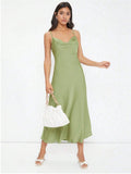 The Satin Allure | Women's Deep V-Neck Backless Satin Suspender Maxi Dress