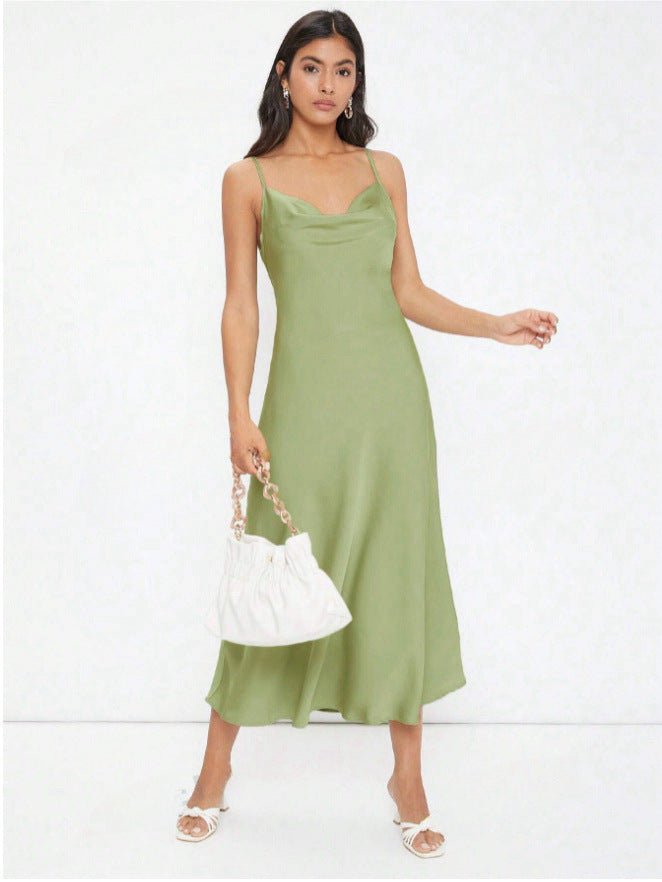 The Satin Allure | Women's Deep V-Neck Backless Satin Suspender Maxi Dress
