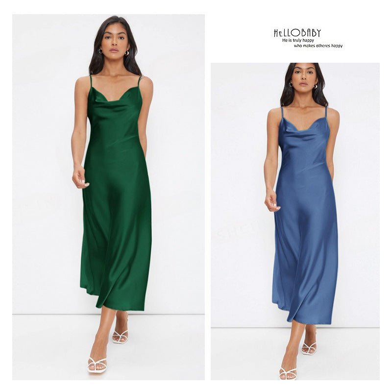 The Satin Allure | Women's Deep V-Neck Backless Satin Suspender Maxi Dress