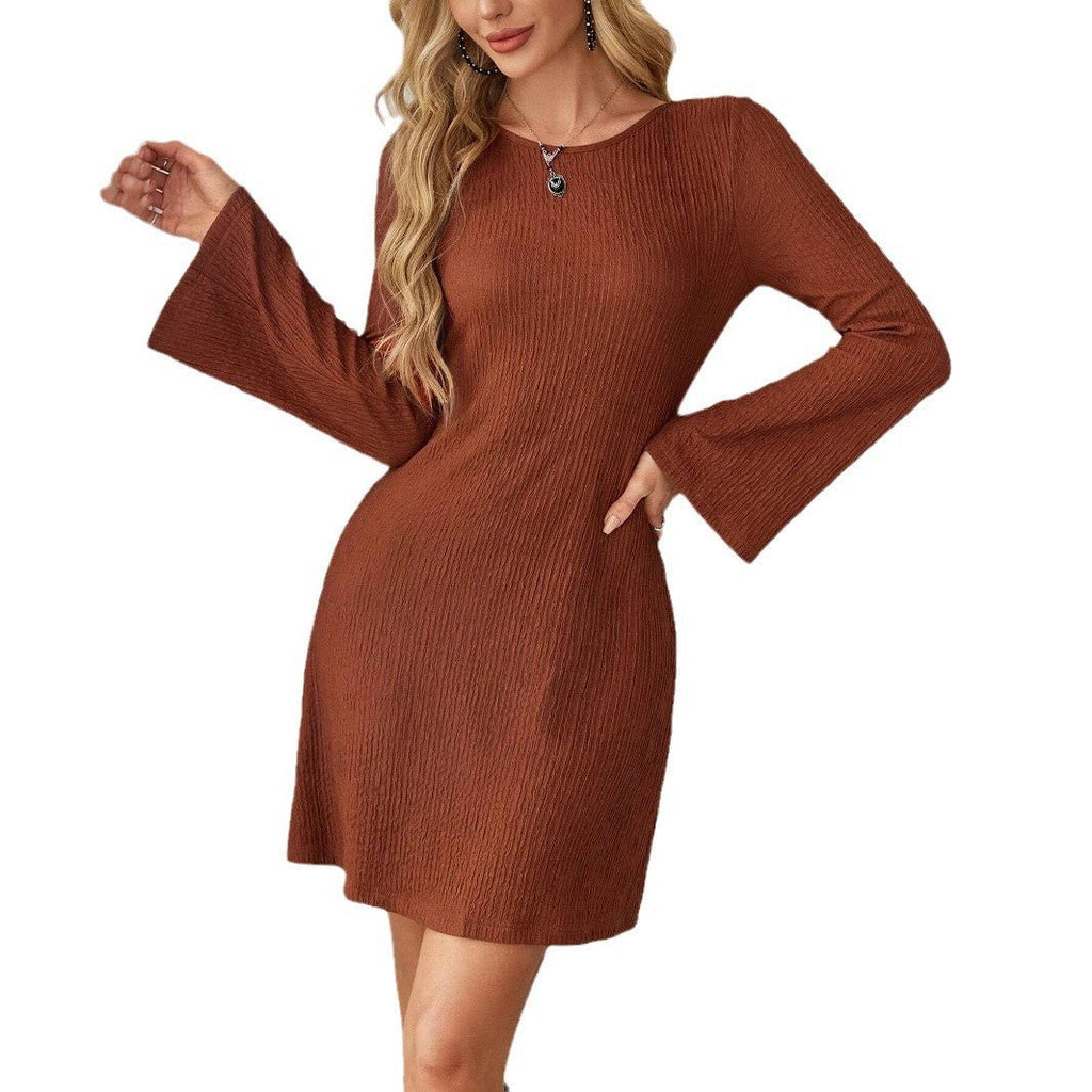 The Brown Bow | Women's Textured Halter Bow Horn Sleeve Midi Dress