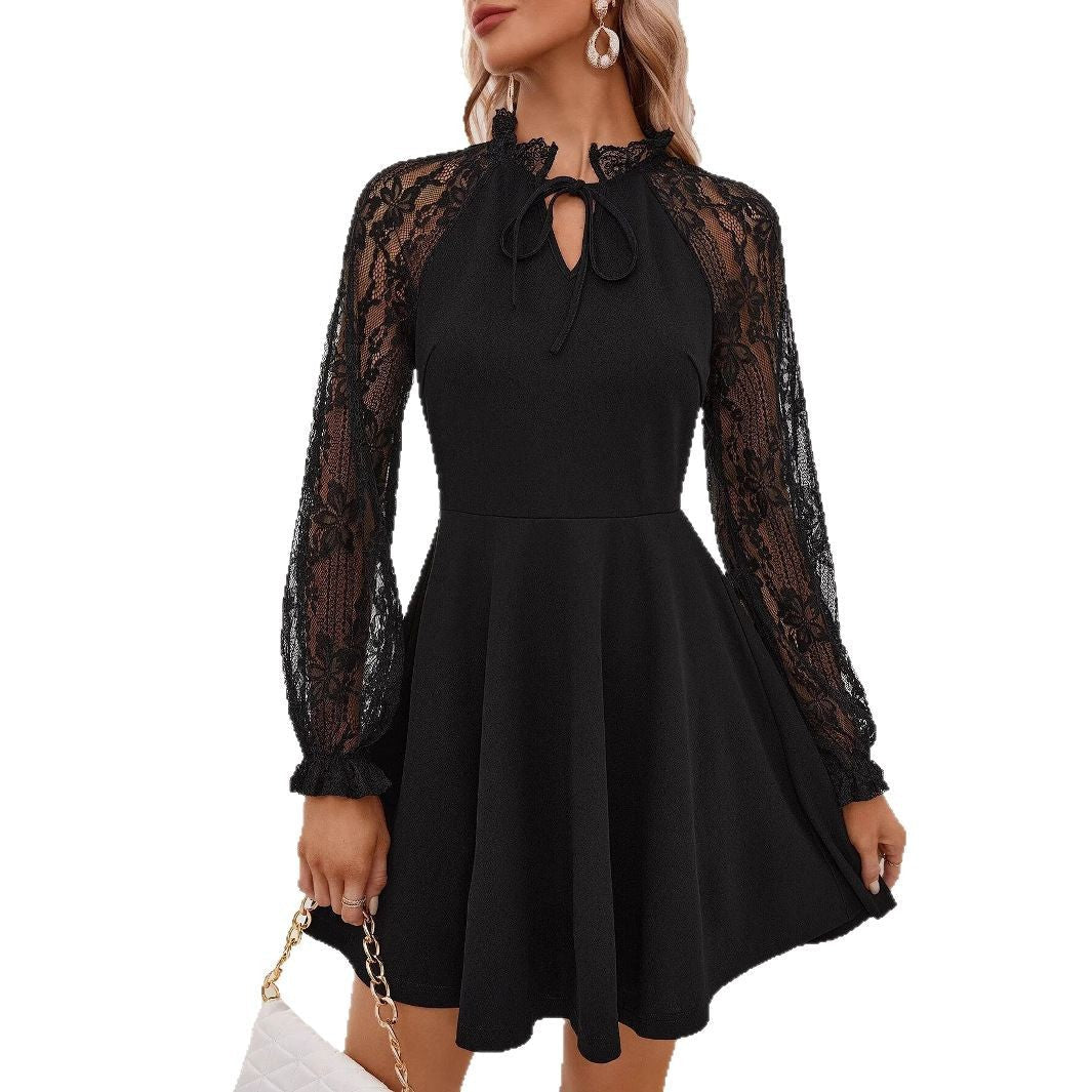 The Chic Couture | Women's Black Lace-Up Long-Sleeve Midi Dress