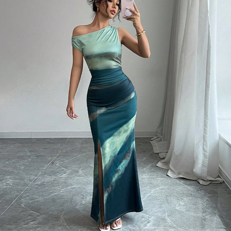 The Gradient Edge | Women's Asymmetrical Shoulder Contrasting Color Maxi Dress