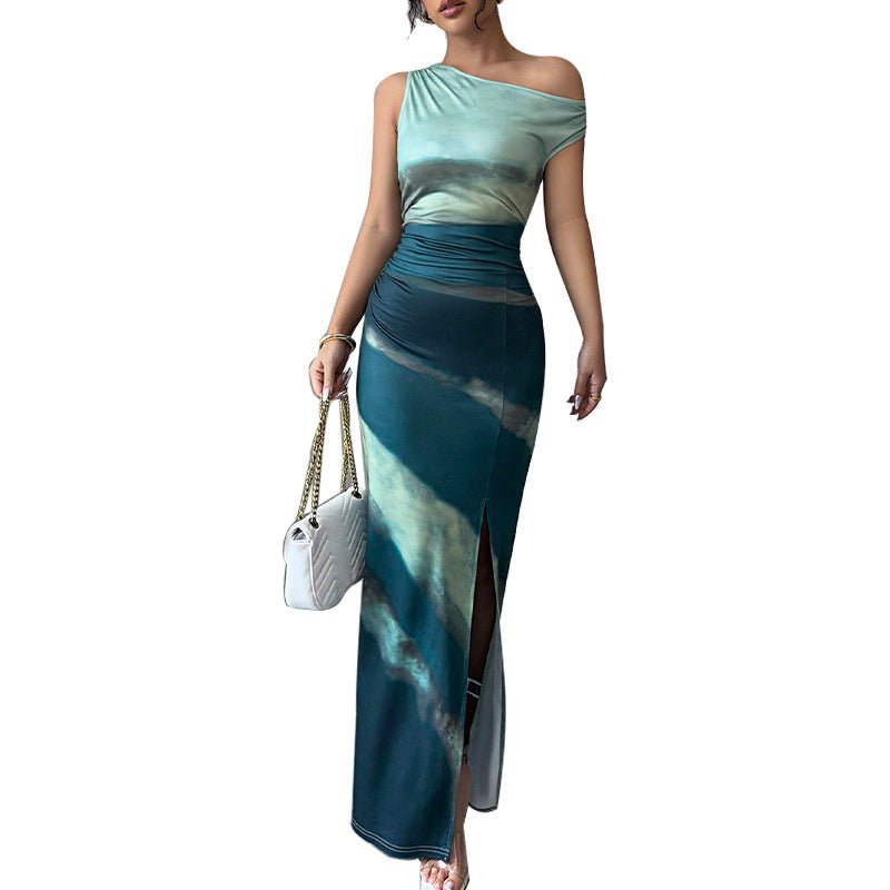 The Gradient Edge | Women's Asymmetrical Shoulder Contrasting Color Maxi Dress