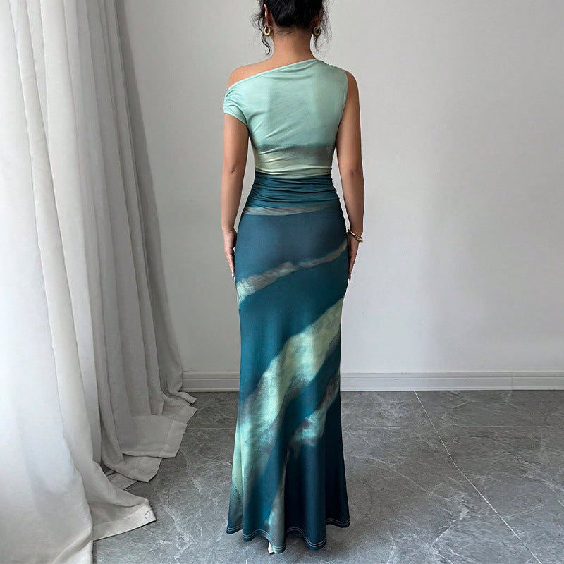 The Gradient Edge | Women's Asymmetrical Shoulder Contrasting Color Maxi Dress