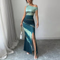 The Gradient Edge | Women's Asymmetrical Shoulder Contrasting Color Maxi Dress