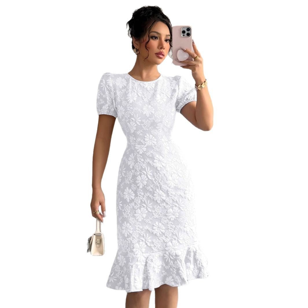 The Floral Embrace | Women's Printed Bubble Sleeve Hip-Fit Midi Dress