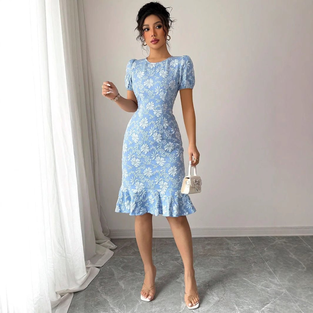 The Floral Embrace | Women's Printed Bubble Sleeve Hip-Fit Midi Dress