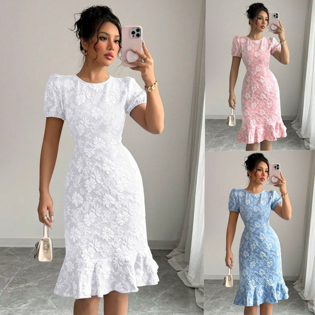 The Floral Embrace | Women's Printed Bubble Sleeve Hip-Fit Midi Dress