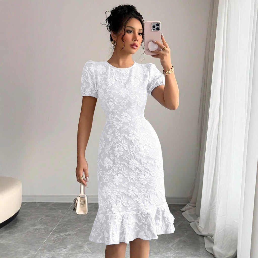 The Floral Embrace | Women's Printed Bubble Sleeve Hip-Fit Midi Dress