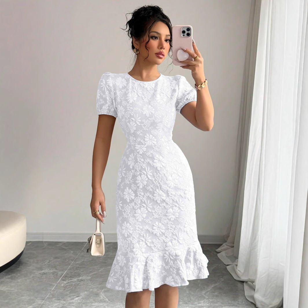 The Floral Embrace | Women's Printed Bubble Sleeve Hip-Fit Midi Dress