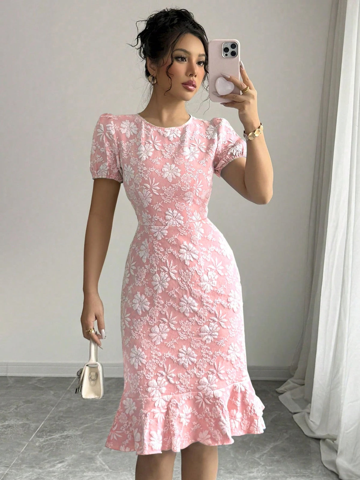 The Floral Embrace | Women's Printed Bubble Sleeve Hip-Fit Midi Dress