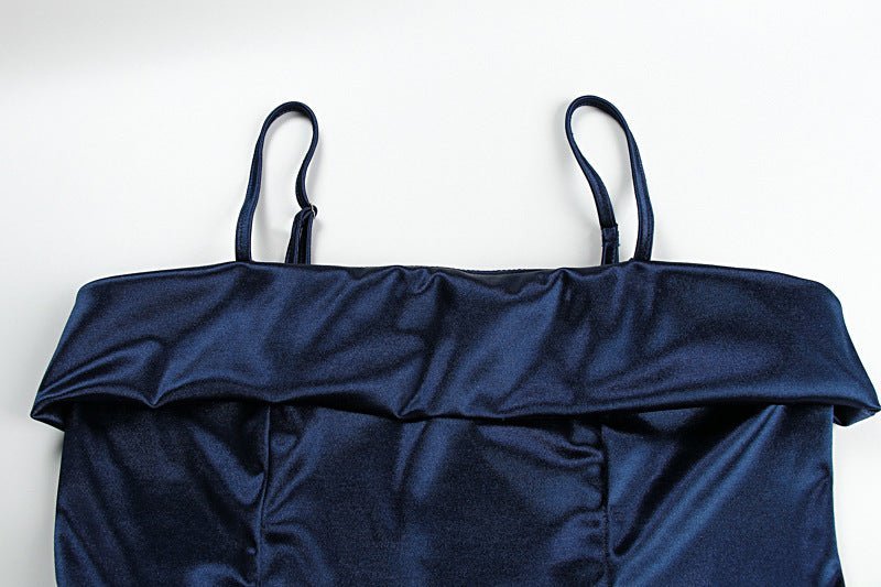 The Deep Allure | Solid Dark Blue Suspender Backless Maxi Dress