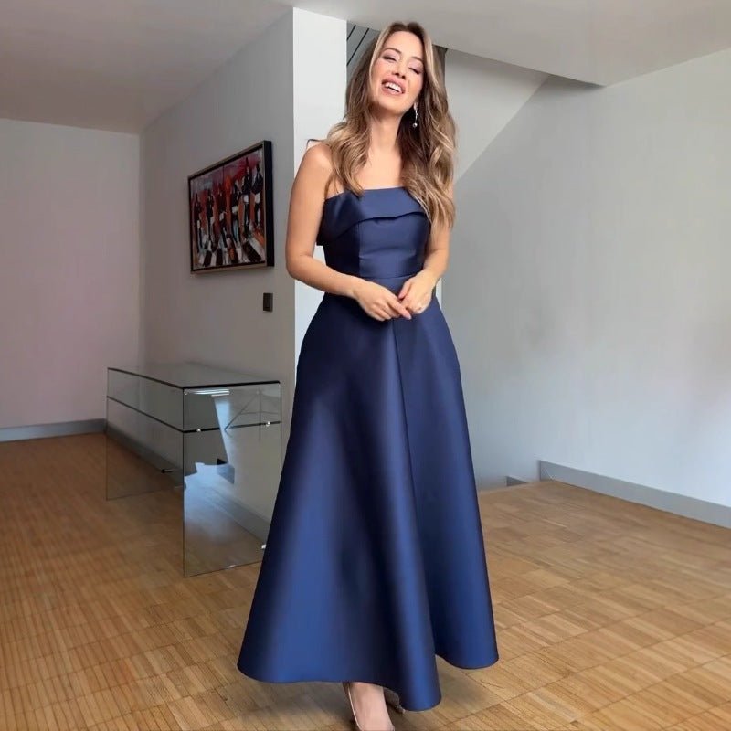 The Deep Allure | Solid Dark Blue Suspender Backless Maxi Dress