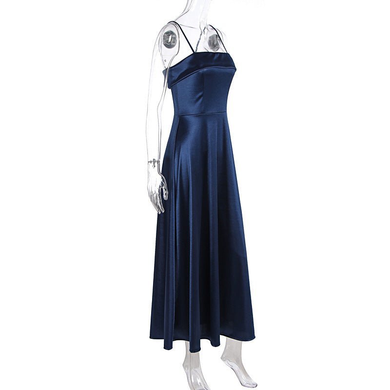 The Deep Allure | Solid Dark Blue Suspender Backless Maxi Dress