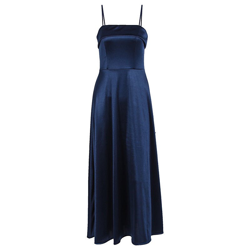 The Deep Allure | Solid Dark Blue Suspender Backless Maxi Dress