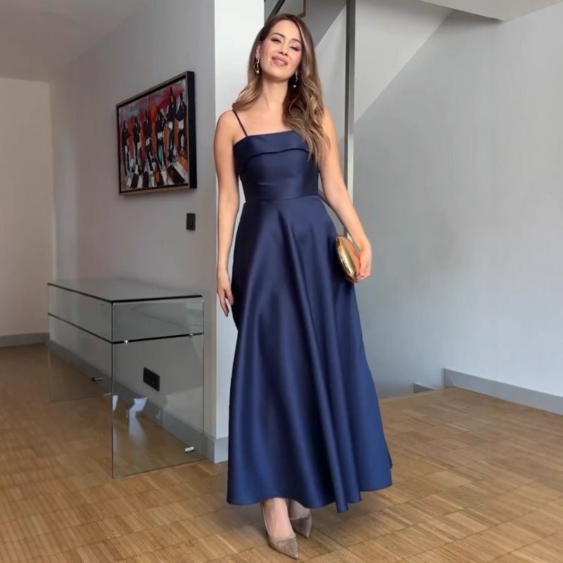 The Deep Allure | Solid Dark Blue Suspender Backless Maxi Dress