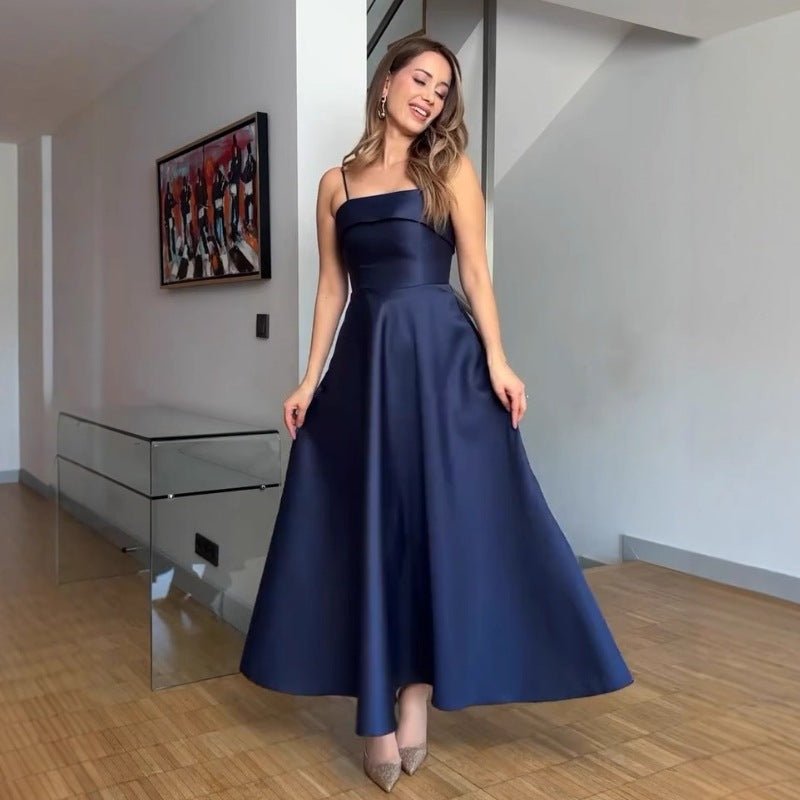 The Deep Allure | Solid Dark Blue Suspender Backless Maxi Dress