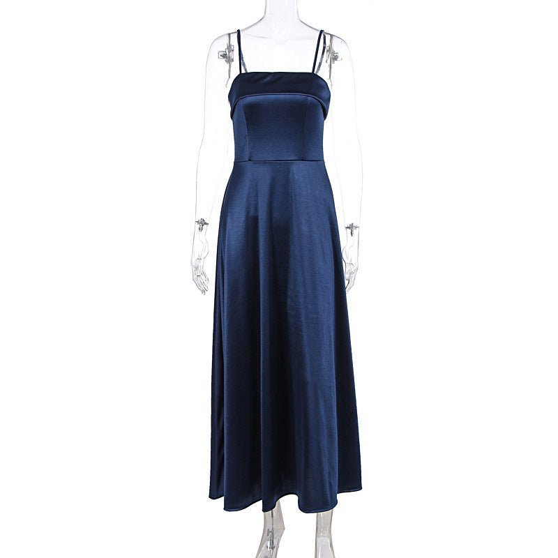 The Deep Allure | Solid Dark Blue Suspender Backless Maxi Dress