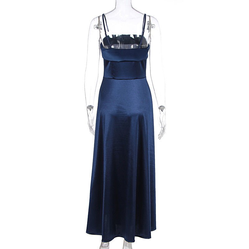 The Deep Allure | Solid Dark Blue Suspender Backless Maxi Dress