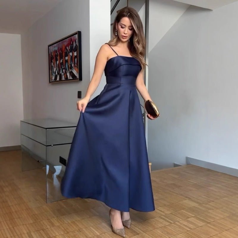 The Deep Allure | Solid Dark Blue Suspender Backless Maxi Dress