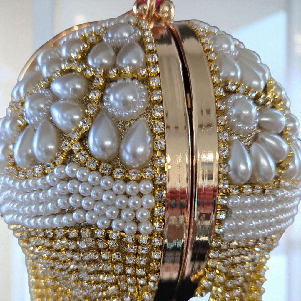 Floral Pearl & Gold Fringe Clutch – Luxury Bridal Handbag