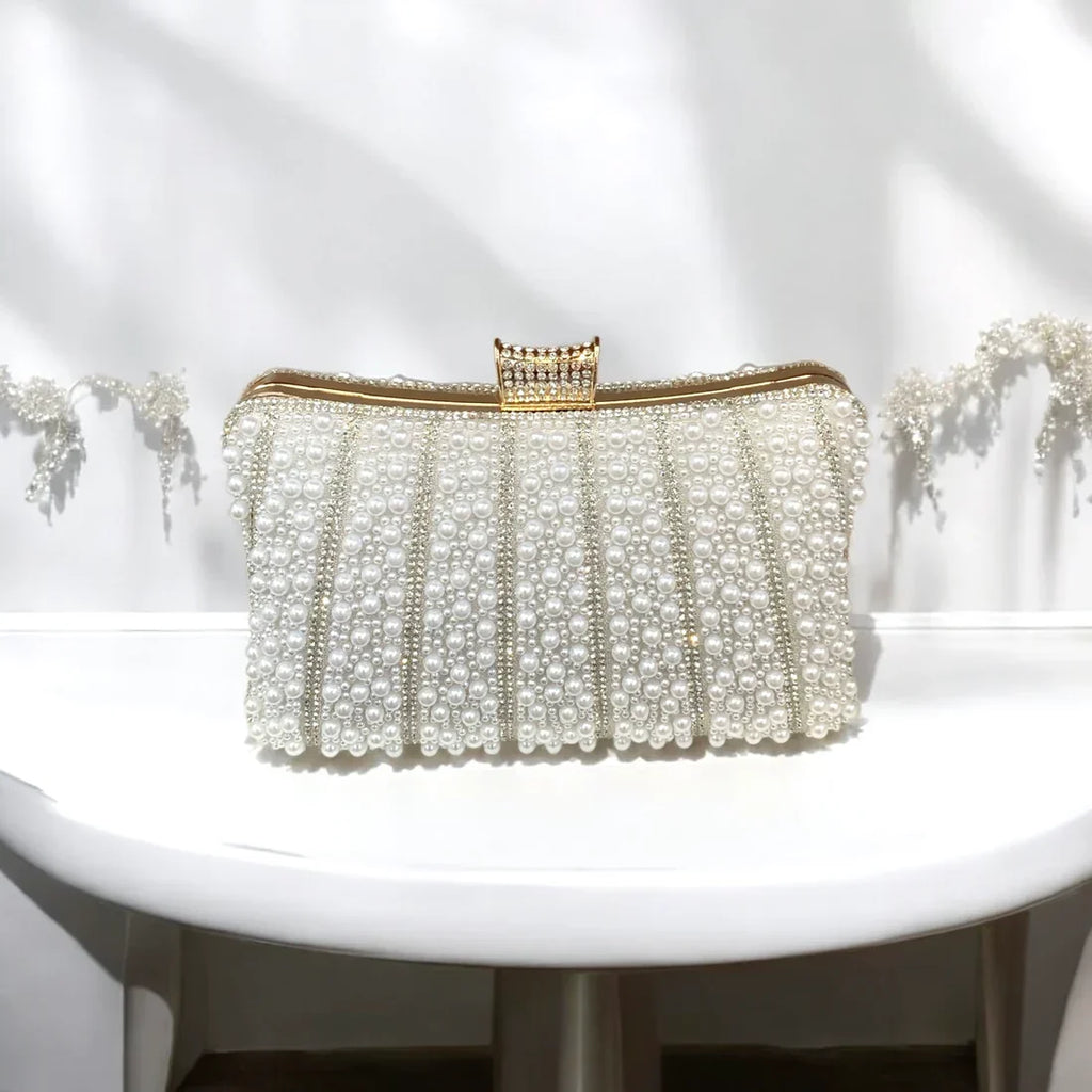 White Pearl Clutch Bag With Gold Frame And Diamante Clasp