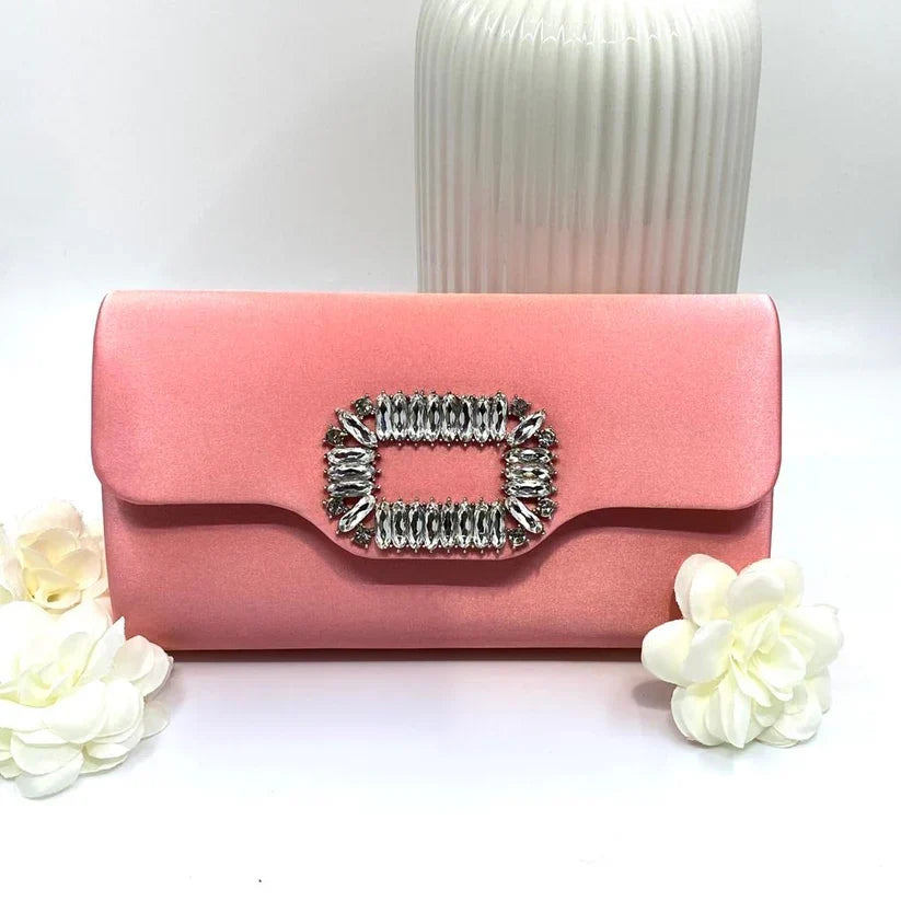 Coral Satin Clutch with Crystal Buckle
