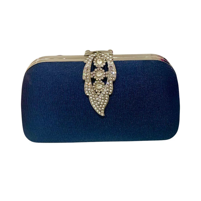Navy Leaf Clasp Clutch Bag