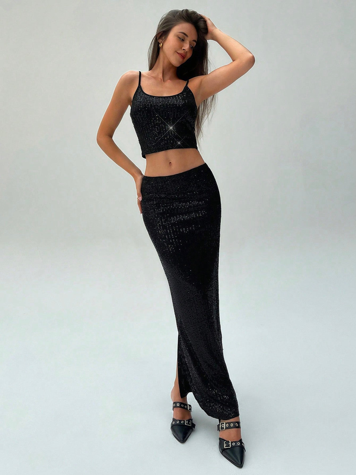 2pcs Women Sequin Camisole Top & Mini Skirt Party Outfit