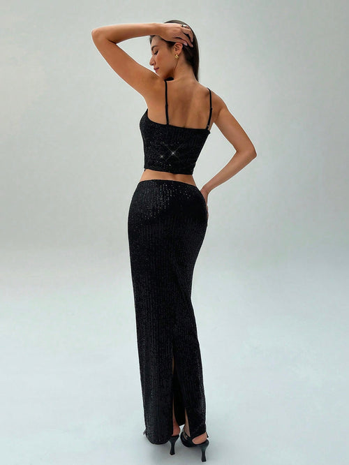 2pcs Women Sequin Camisole Top & Mini Skirt Party Outfit