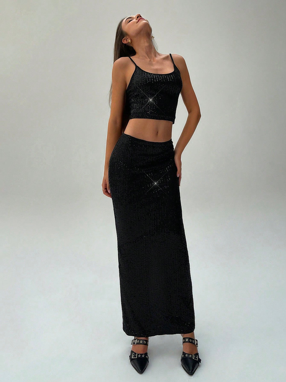 2pcs Women Sequin Camisole Top & Mini Skirt Party Outfit
