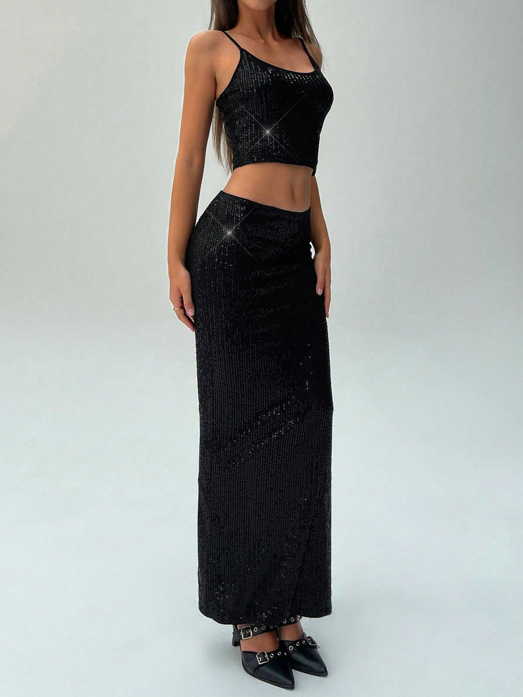 2pcs Women Sequin Camisole Top & Mini Skirt Party Outfit