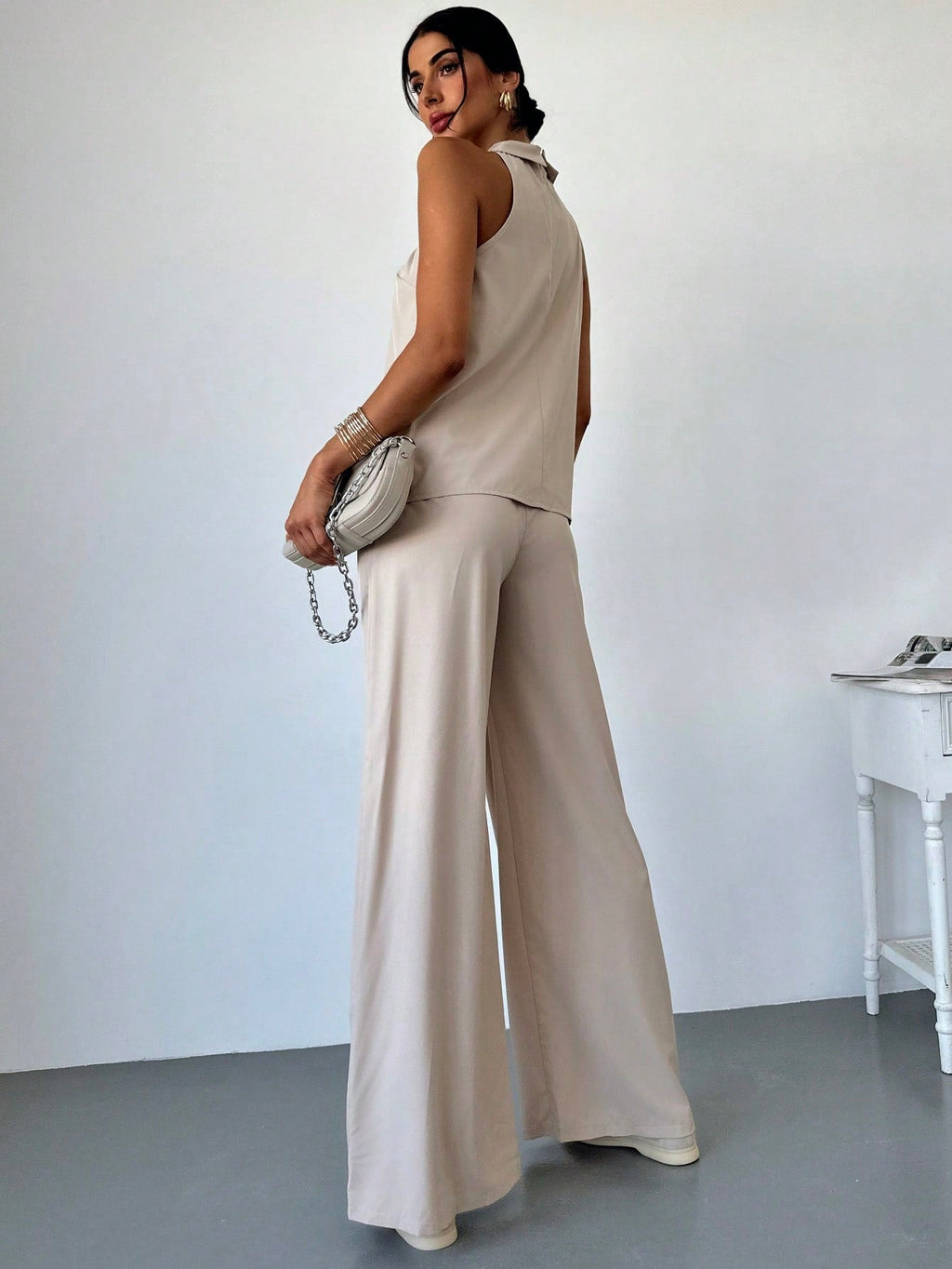 2pcs Women's Elegant Fashion Commuting Ruffle Collar Tank Top And High Waist Wide Leg Pants Set Office Wear