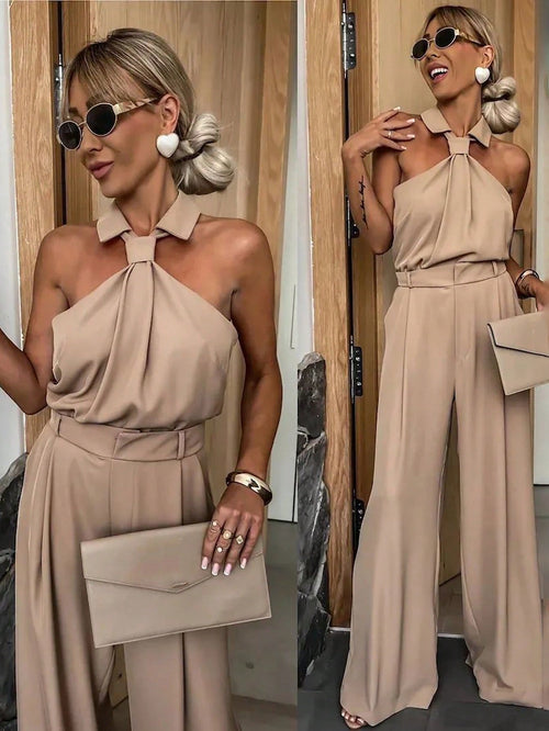 2pcs Women's Elegant Fashion Commuting Ruffle Collar Tank Top And High Waist Wide Leg Pants Set Office Wear