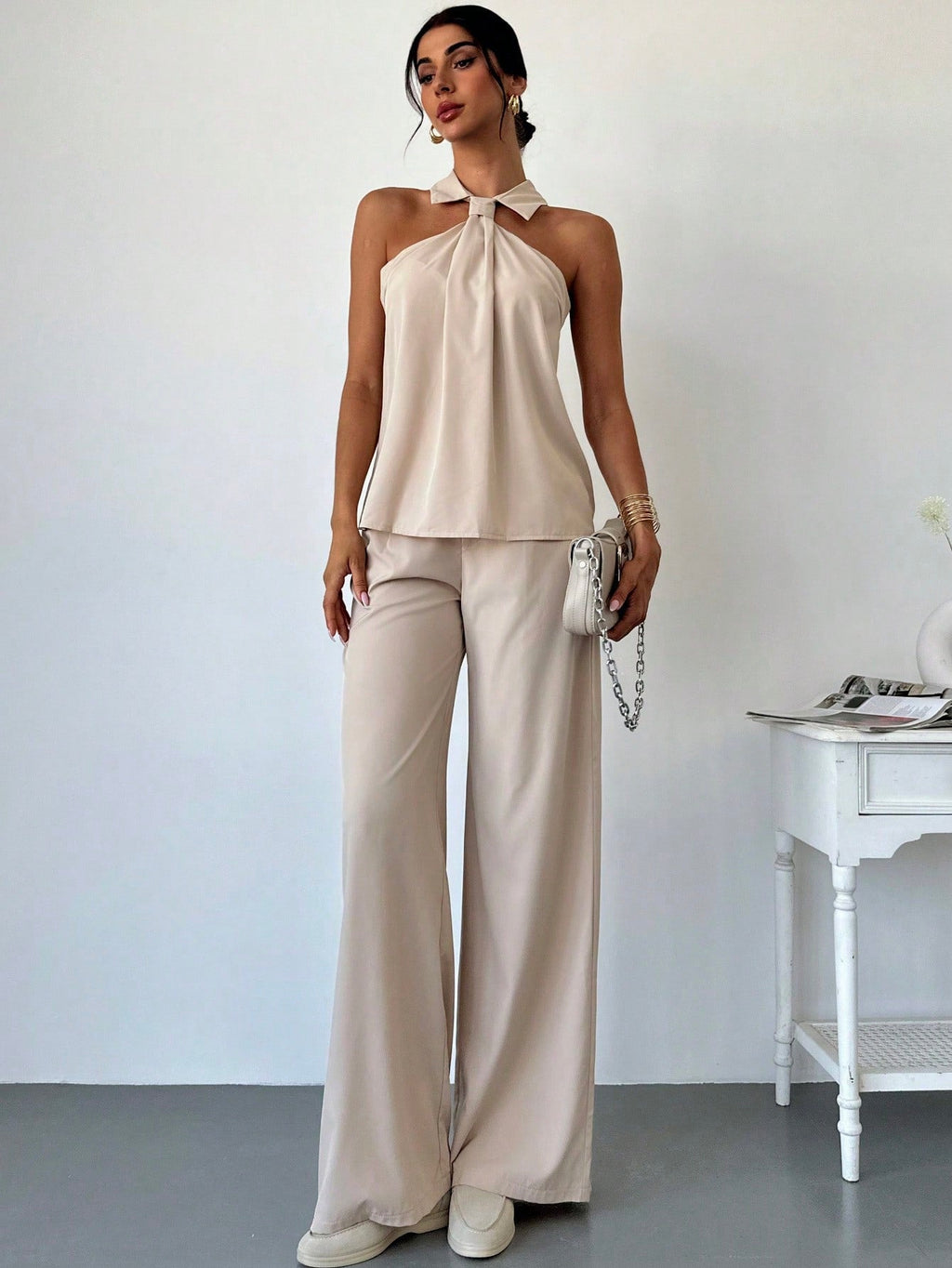 2pcs Women's Elegant Fashion Commuting Ruffle Collar Tank Top And High Waist Wide Leg Pants Set Office Wear