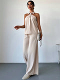 2pcs Women's Elegant Fashion Commuting Ruffle Collar Tank Top And High Waist Wide Leg Pants Set Office Wear