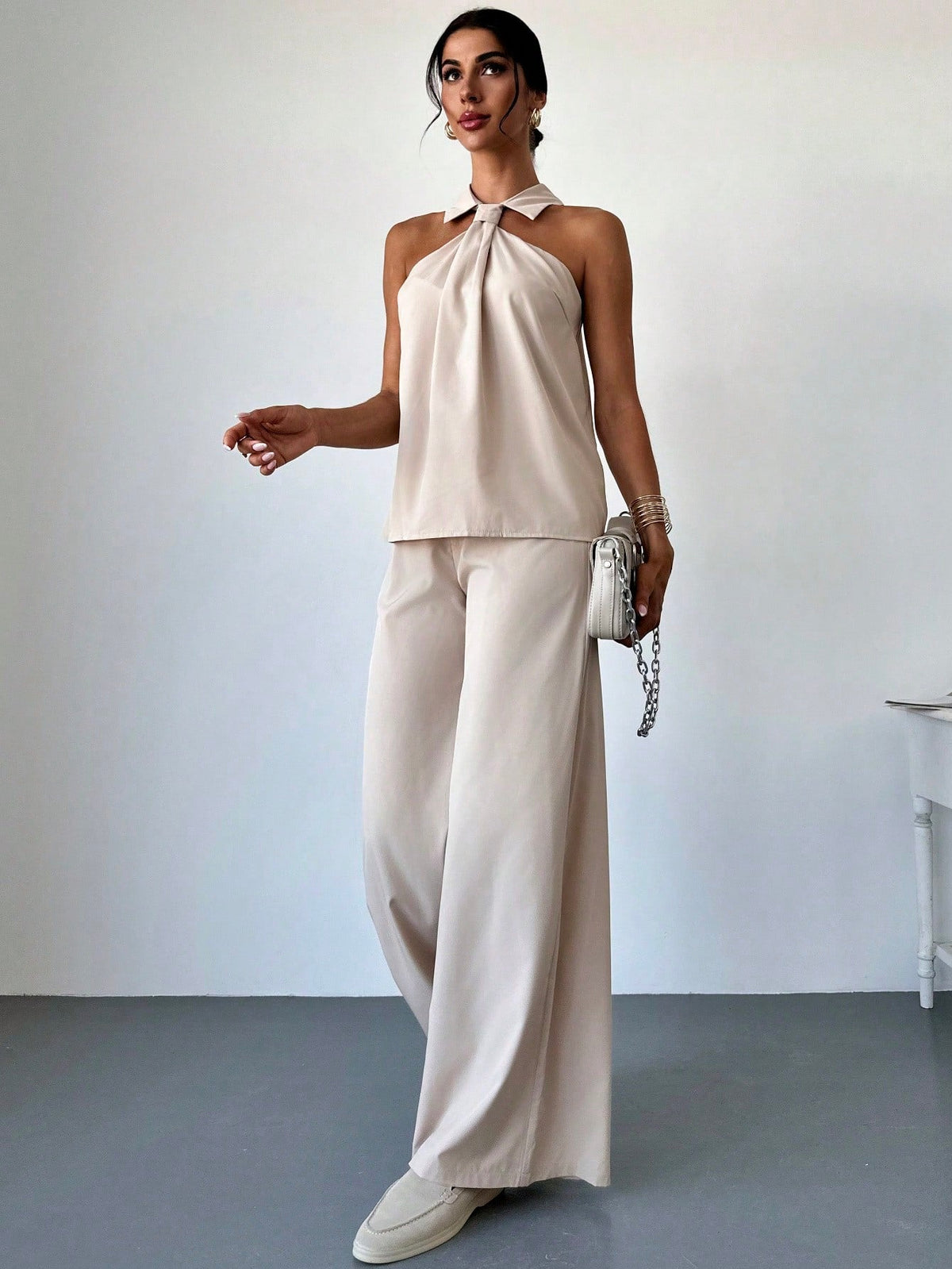 2pcs Women's Elegant Fashion Commuting Ruffle Collar Tank Top And High Waist Wide Leg Pants Set Office Wear