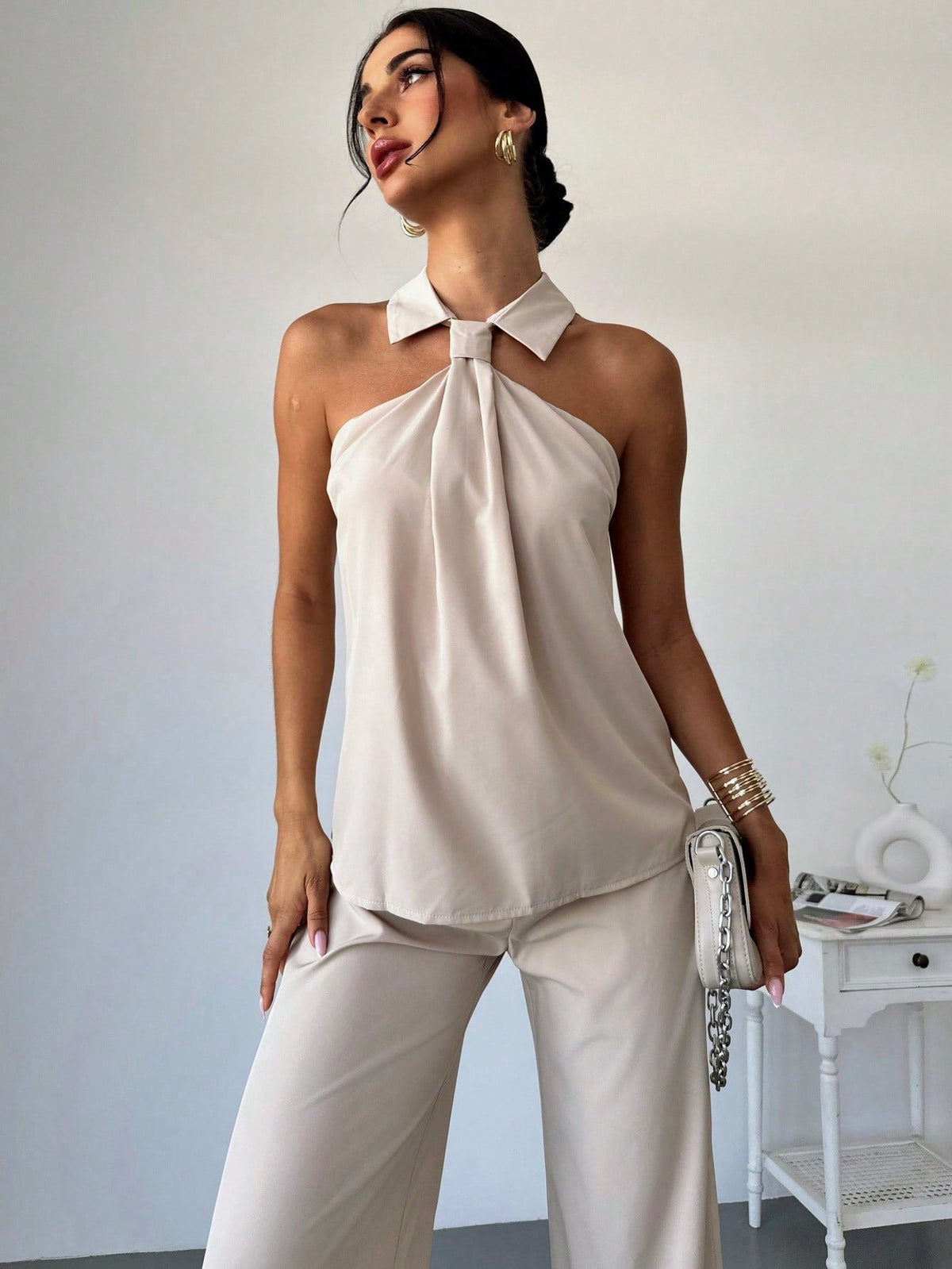 2pcs Women's Elegant Fashion Commuting Ruffle Collar Tank Top And High Waist Wide Leg Pants Set Office Wear
