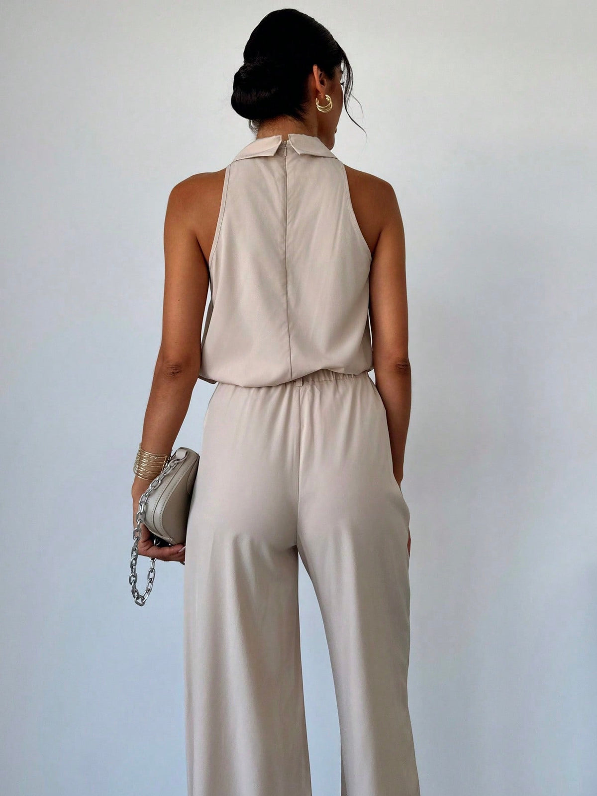 2pcs Women's Elegant Fashion Commuting Ruffle Collar Tank Top And High Waist Wide Leg Pants Set Office Wear