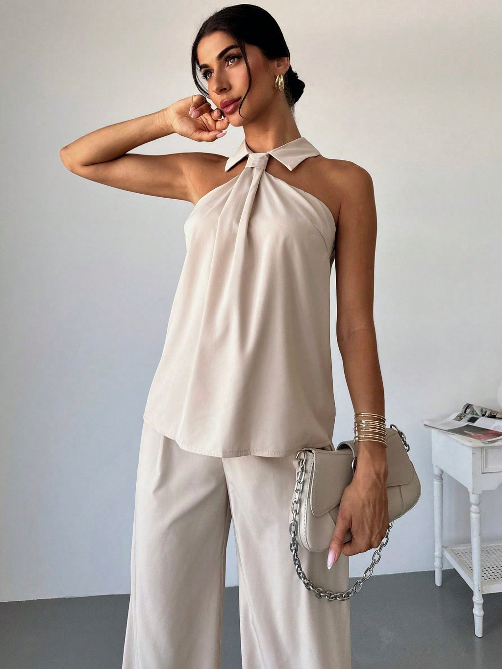 2pcs Women's Elegant Fashion Commuting Ruffle Collar Tank Top And High Waist Wide Leg Pants Set Office Wear
