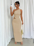 2pcs Women's Solid Color Drawstring Shoulder Top And Long Midi Skirt Set