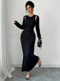 2pcs/Set Women Elegant Solid Color Mermaid Sleeveless Long Dress & Shawl Collar Top