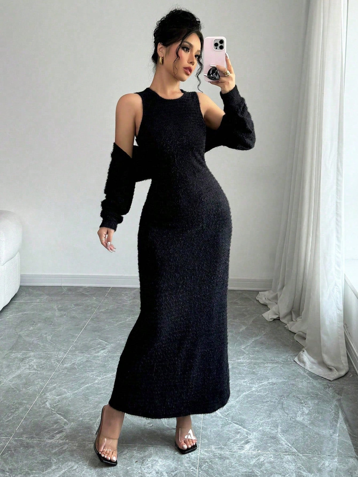 2pcs/Set Women Elegant Solid Color Mermaid Sleeveless Long Dress & Shawl Collar Top