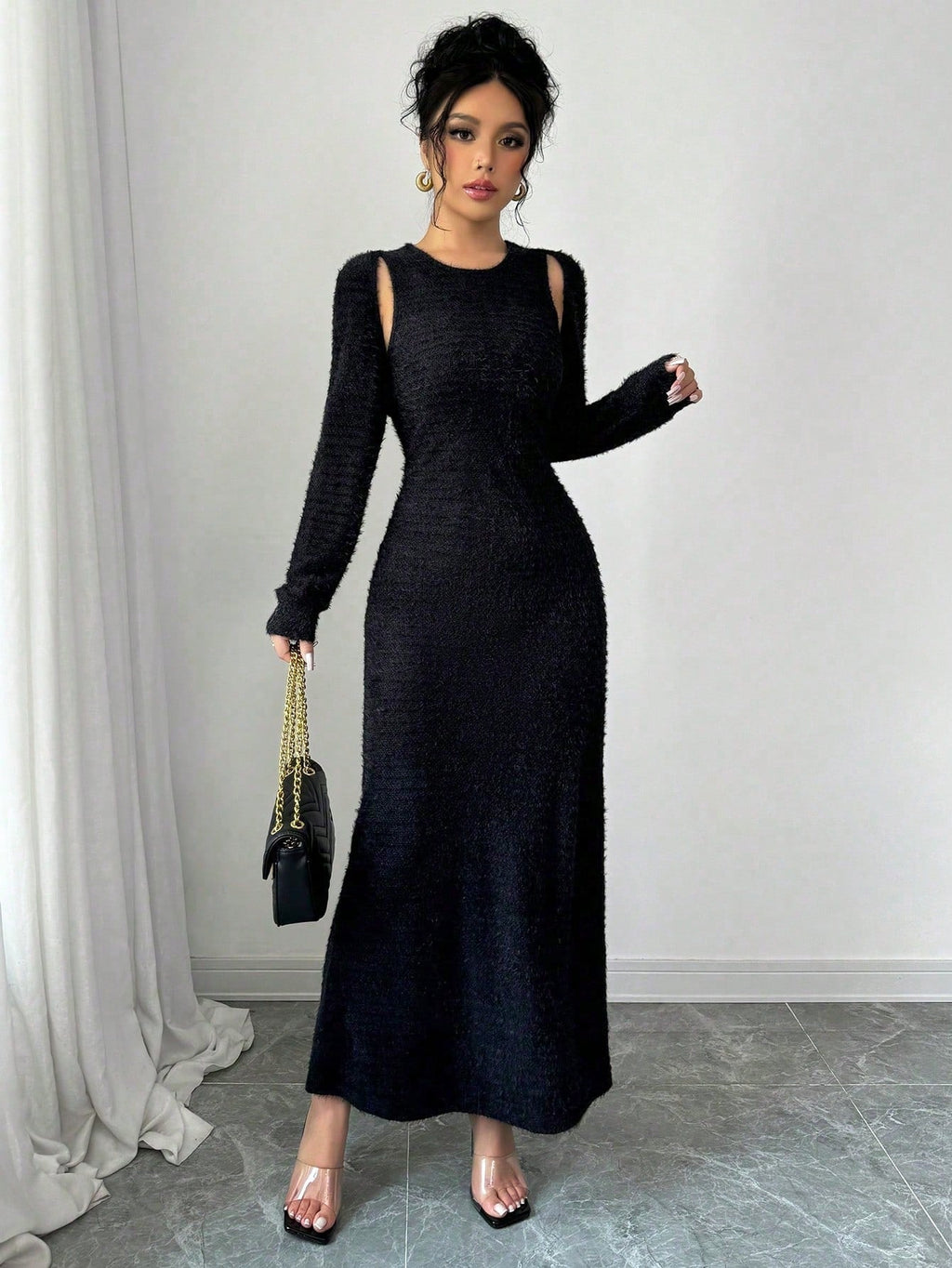 2pcs/Set Women Elegant Solid Color Mermaid Sleeveless Long Dress & Shawl Collar Top