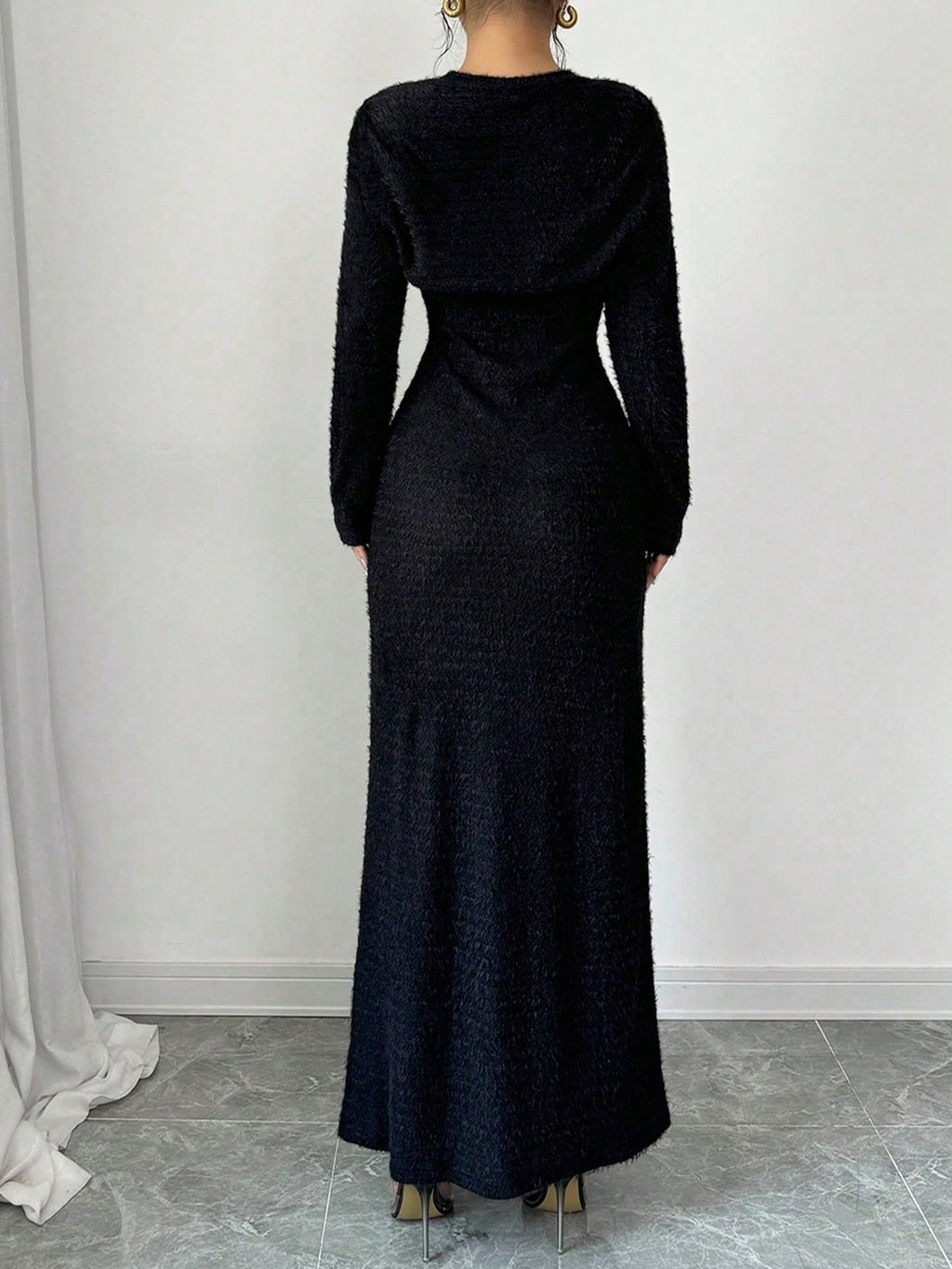 2pcs/Set Women Elegant Solid Color Mermaid Sleeveless Long Dress & Shawl Collar Top